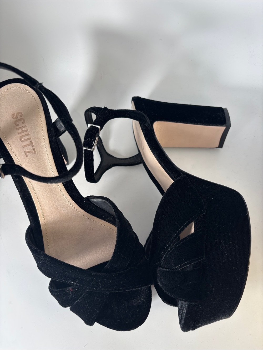 SCHUTZ Keefa Black Velvet Platform Ankle-Strap Heeled Sandals 7.5 - Picture 5 of 10